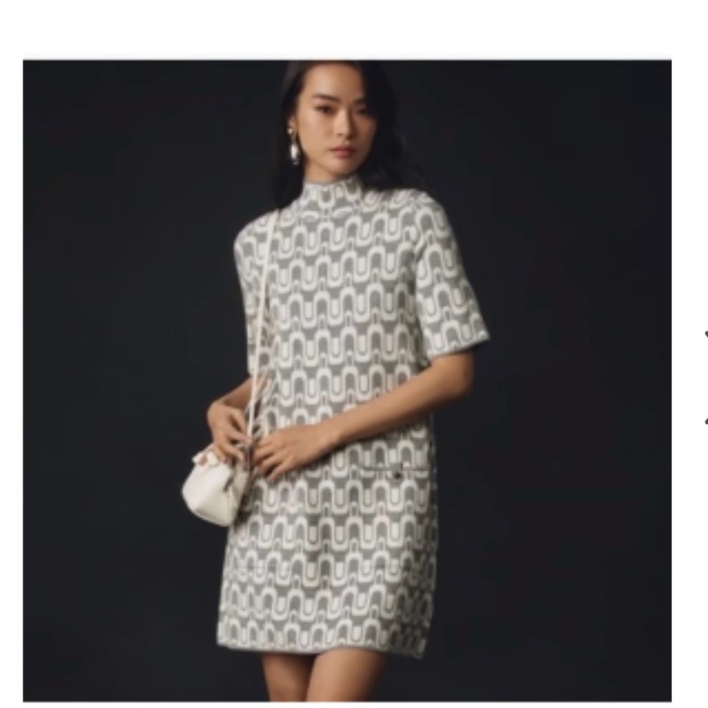 Anthropologie Grey & White Geometric High-Neck Mini Dress XL